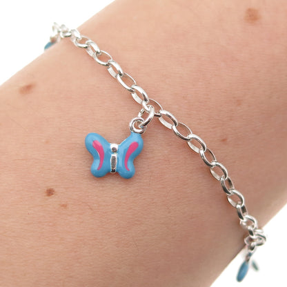 925 Sterling Silver Enamel Butterfly Dangle Charm Oval Link Bracelet 6"