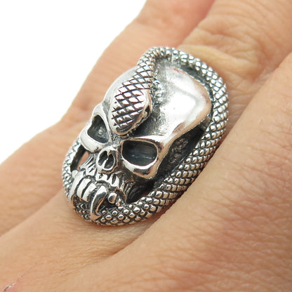 925 Sterling Silver Vintage Skull & Snake Oxidized Biker Ring Size 6.75