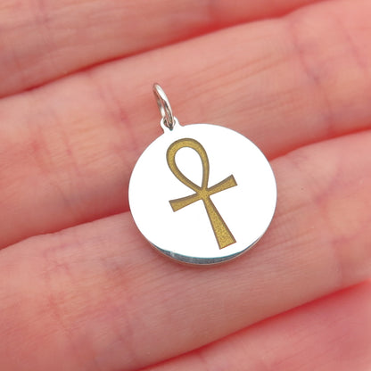 925 Sterling Silver Mustard Enamel Egyptian Ankh Round Tag Mini Charm Pendant