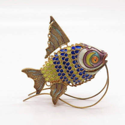 925 Sterling Silver Gold Plated Antique Enamel Chinese Koi Fish Articulated Fob