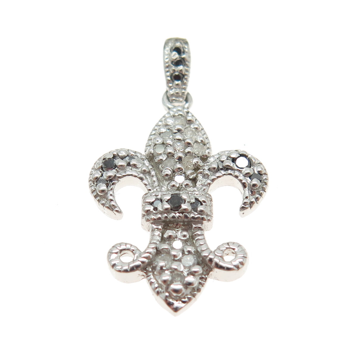 925 Sterling Silver Real Round-Cut Black & White Diamond Fleur de Lis Pendant