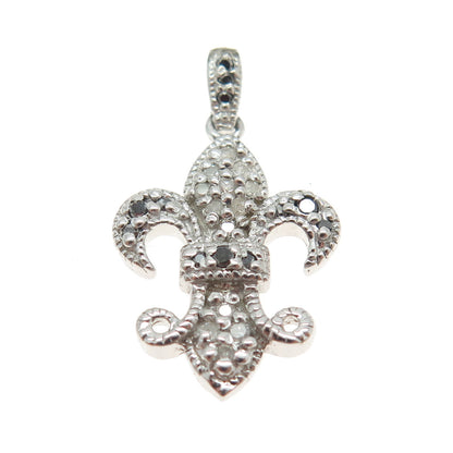 925 Sterling Silver Real Round-Cut Black & White Diamond Fleur de Lis Pendant