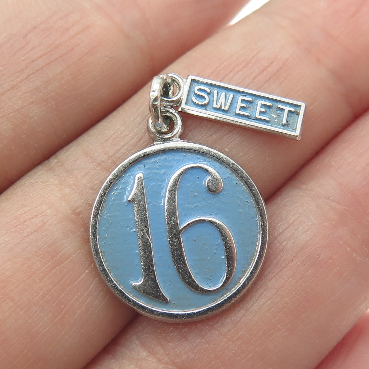 WELLS 925 Sterling Silver Vintage Blue Enamel "Sweet 16" Charm Pendant