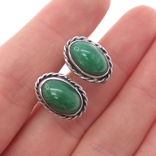 925 Sterling Silver Vintage Mexico Real Cabochon Jade Screw Back Earrings