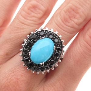 925 Sterling Silver Real Sleeping Beauty Turquoise & Black Spinel Ring Size 8