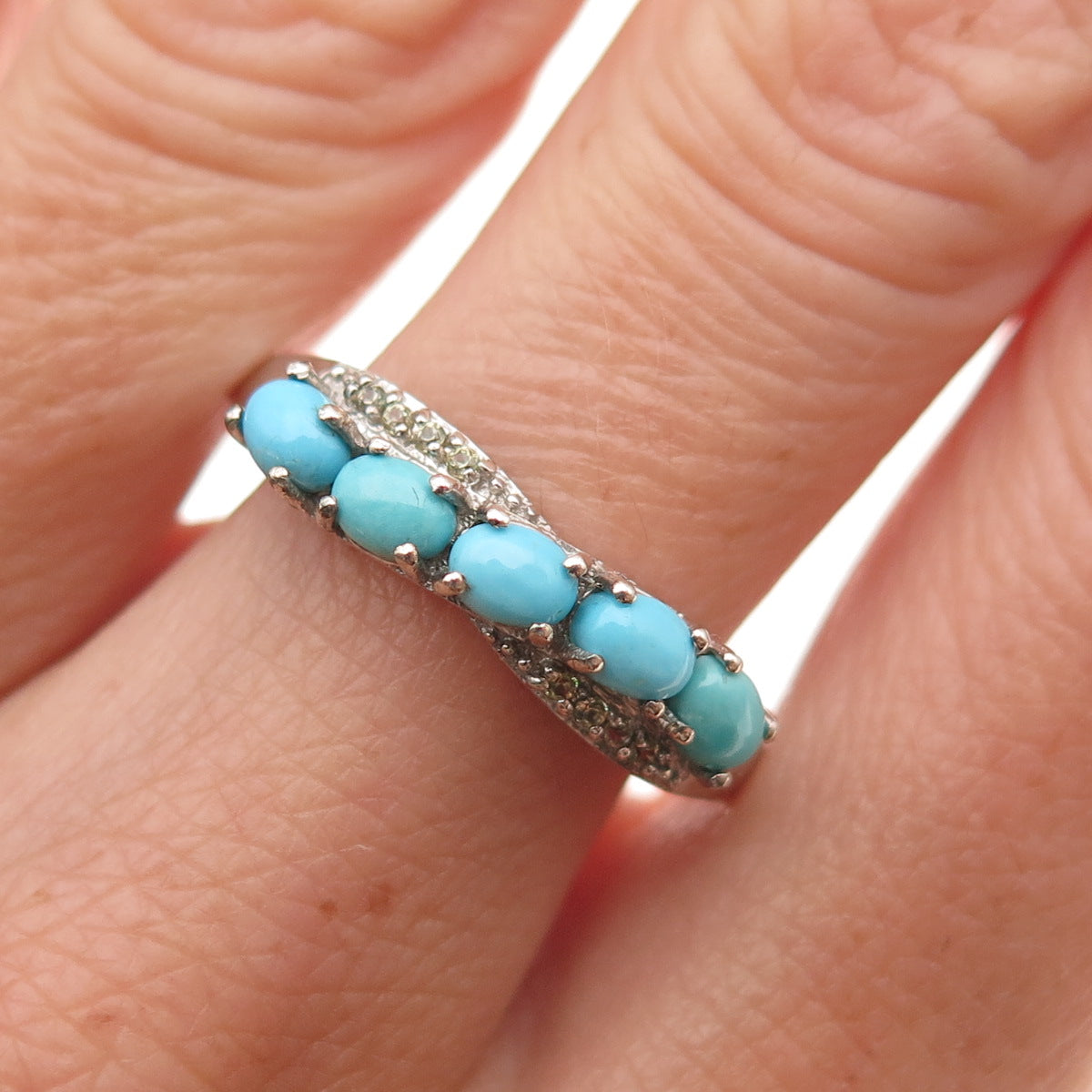 Chuck Clemency 925 Sterling Silver Real Turquoise & Peridot Wavy Ring Size 9