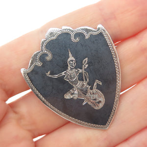 925 Sterling Silver Antique Siam Niello Hindu Goddess Pin Brooch