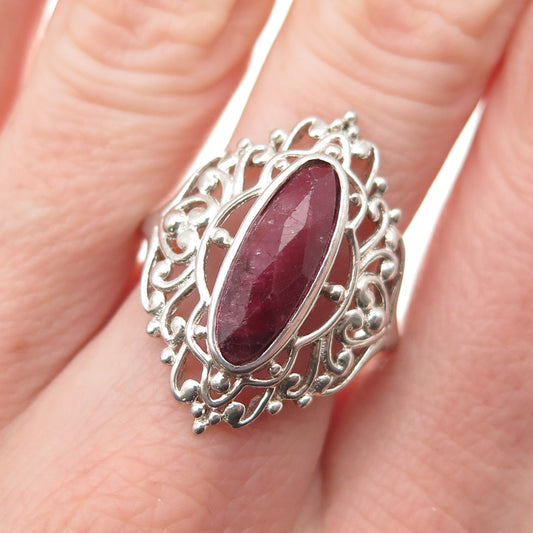 Chuck Clemency 925 Sterling Silver Vintage Real Ruby Heart Floral Ring Size 8
