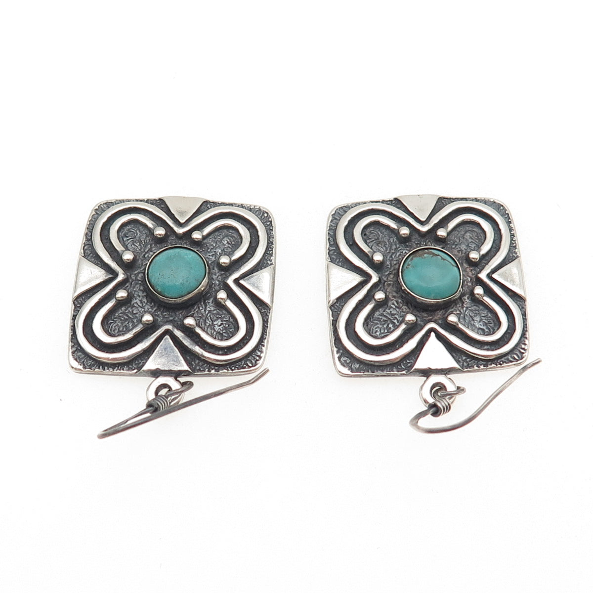 MC Silver Designs 925 Sterling Vintage Real Turquoise Floral Oxidized Earrings