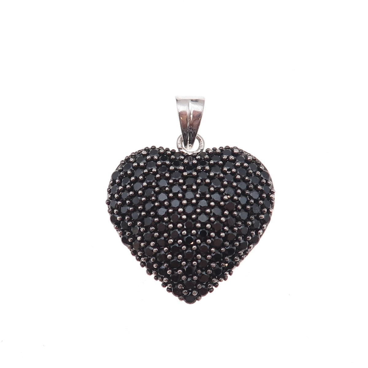 925 Sterling Silver Real Round-Cut Black Spinel Heart Charm Pendant