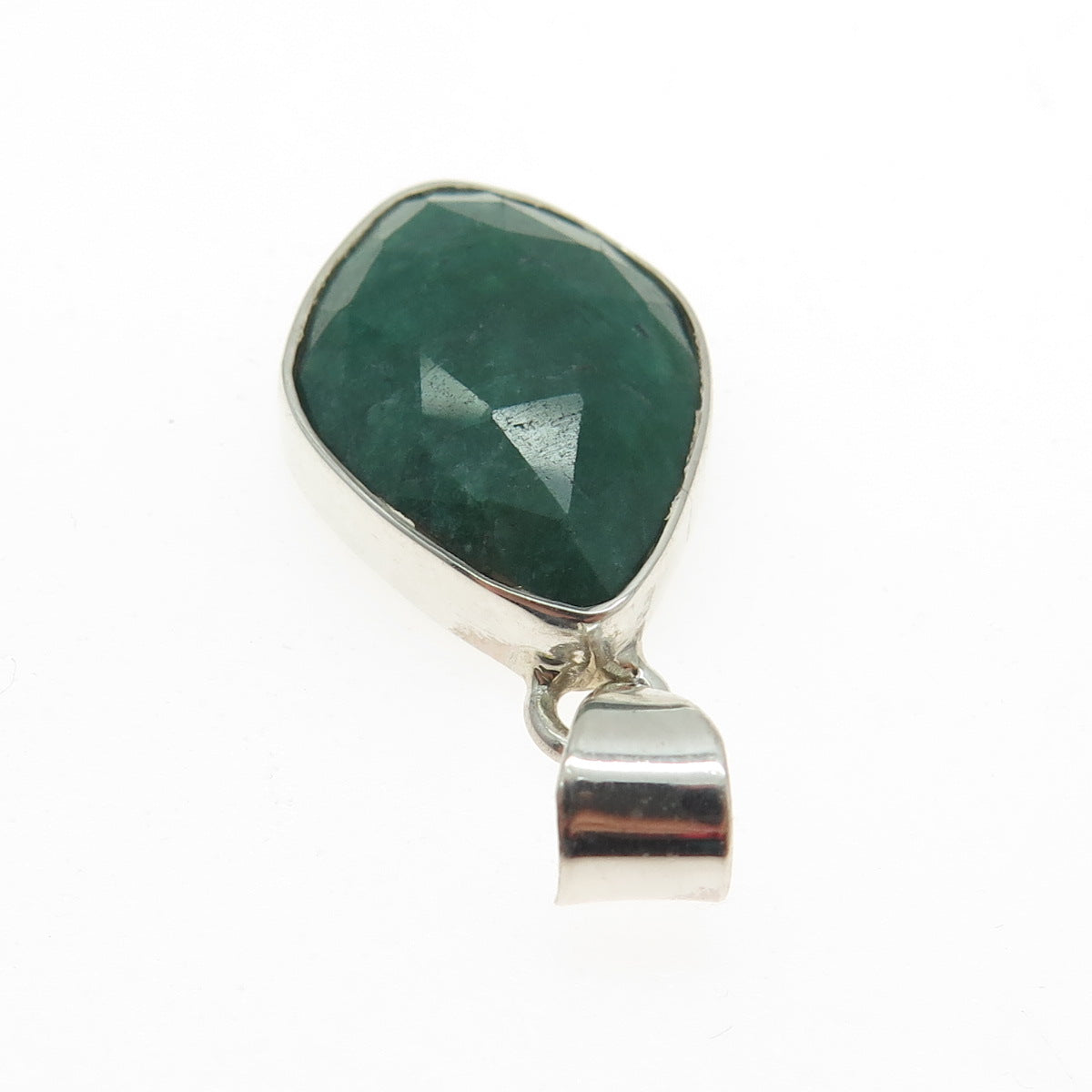 925 Sterling Silver Vintage Real Oval Rhombus-Cut Emerald Pendant