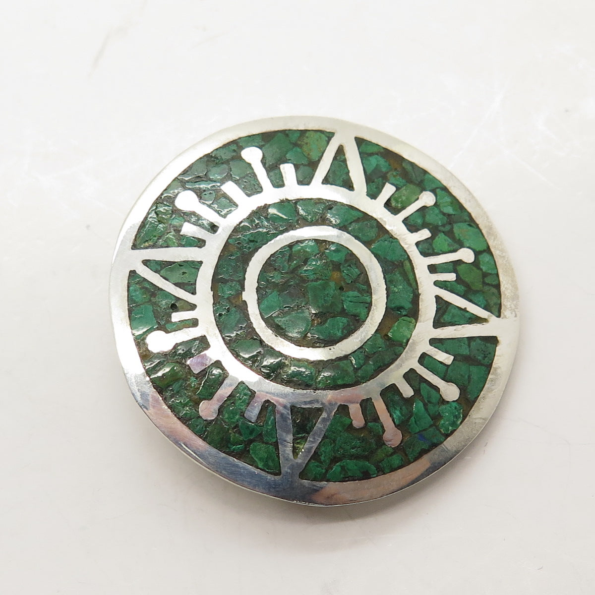 925 Sterling Silver Vintage Mexico Real Azurite Inlay Tribal Sun Brooch Pendant