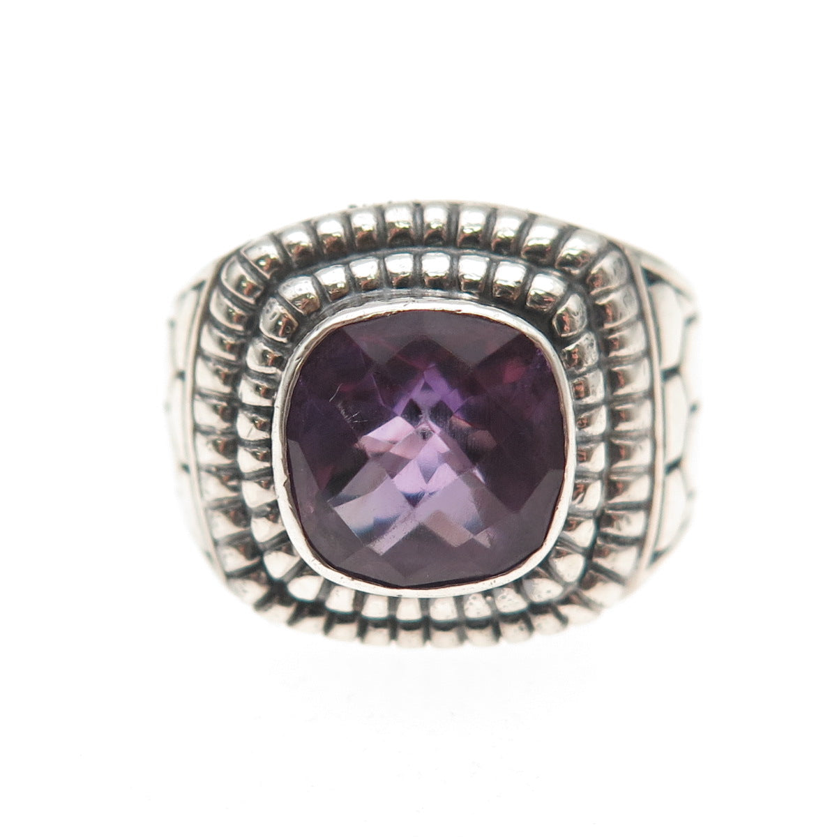 925 Sterling Silver Vintage Real Amethyst Honey Comb Oxidized Ring Size 7.25