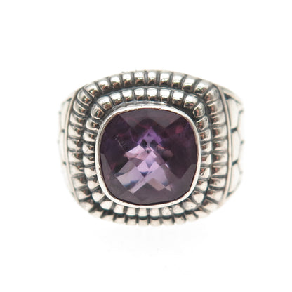 925 Sterling Silver Vintage Real Amethyst Honey Comb Oxidized Ring Size 7.25