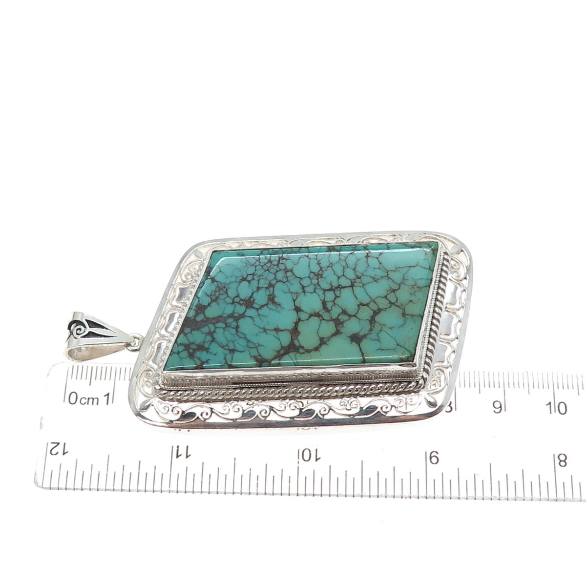 925 Sterling Silver Vintage Real Peacock Turquoise Heavy 59.0g Large Pendant