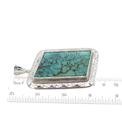 925 Sterling Silver Vintage Real Peacock Turquoise Heavy 59.0g Large Pendant
