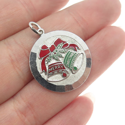 925 Sterling Silver Antique Art Deco Enamel "Merry Christmas" Bells Pendant