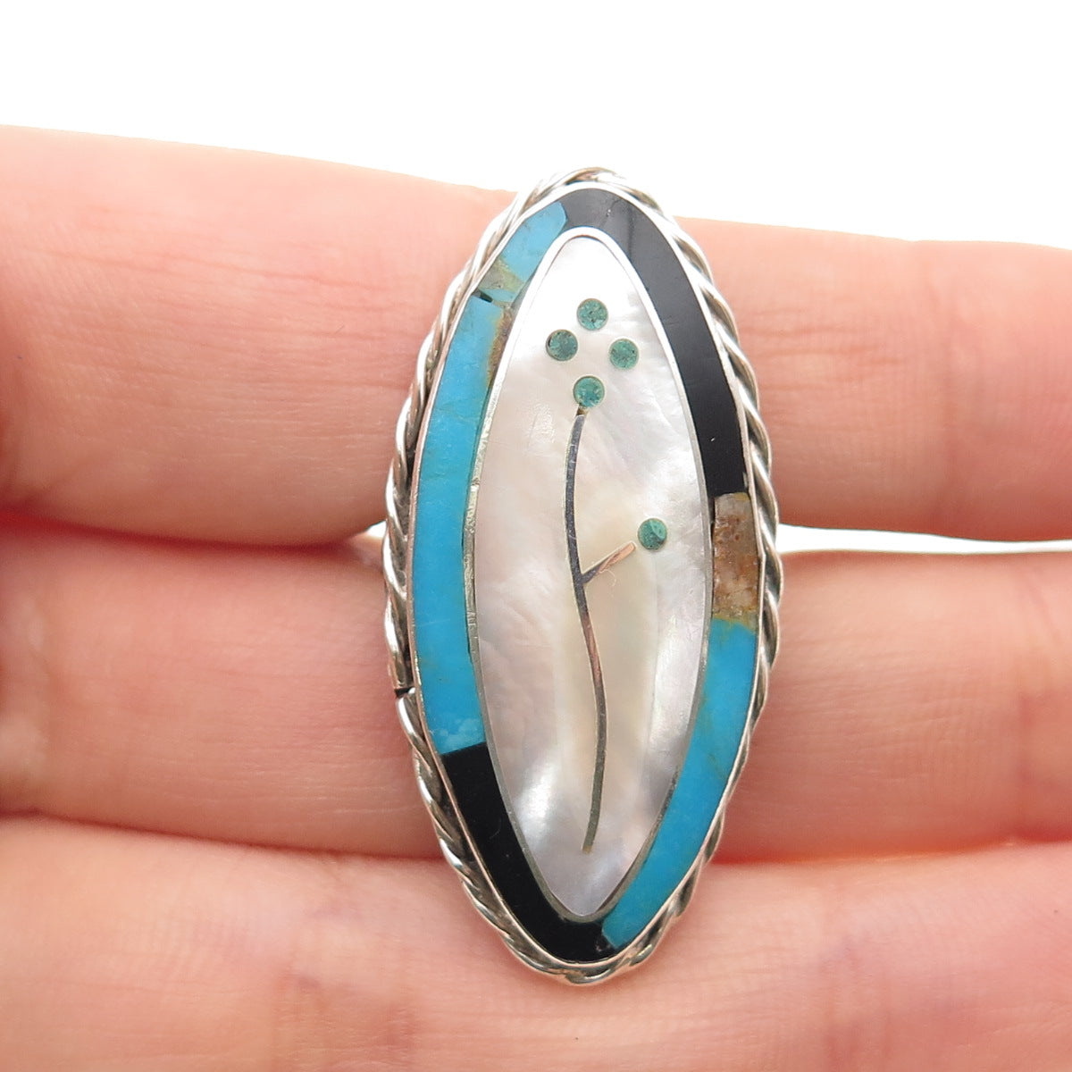 Old Pawn Sterling Silver Vintage Southwestern Turquoise Onyx MOP Ring Size 6.25