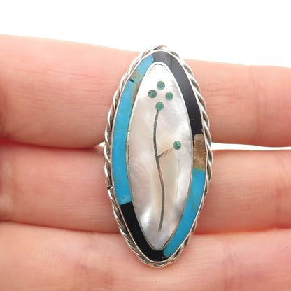 Old Pawn Sterling Silver Vintage Southwestern Turquoise Onyx MOP Ring Size 6.25