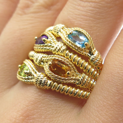 925 Sterling Silver Gold Plated Blue Topaz Amethyst Peridot Citrine Ring Size 8