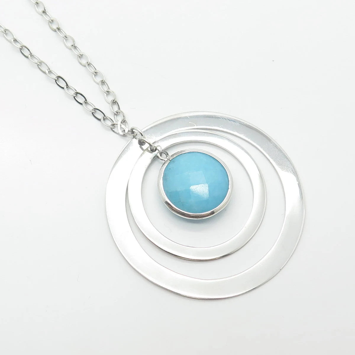 925 Sterling Silver Vintage Turquoise Gem Double Circle Cable Chain Necklace 18"