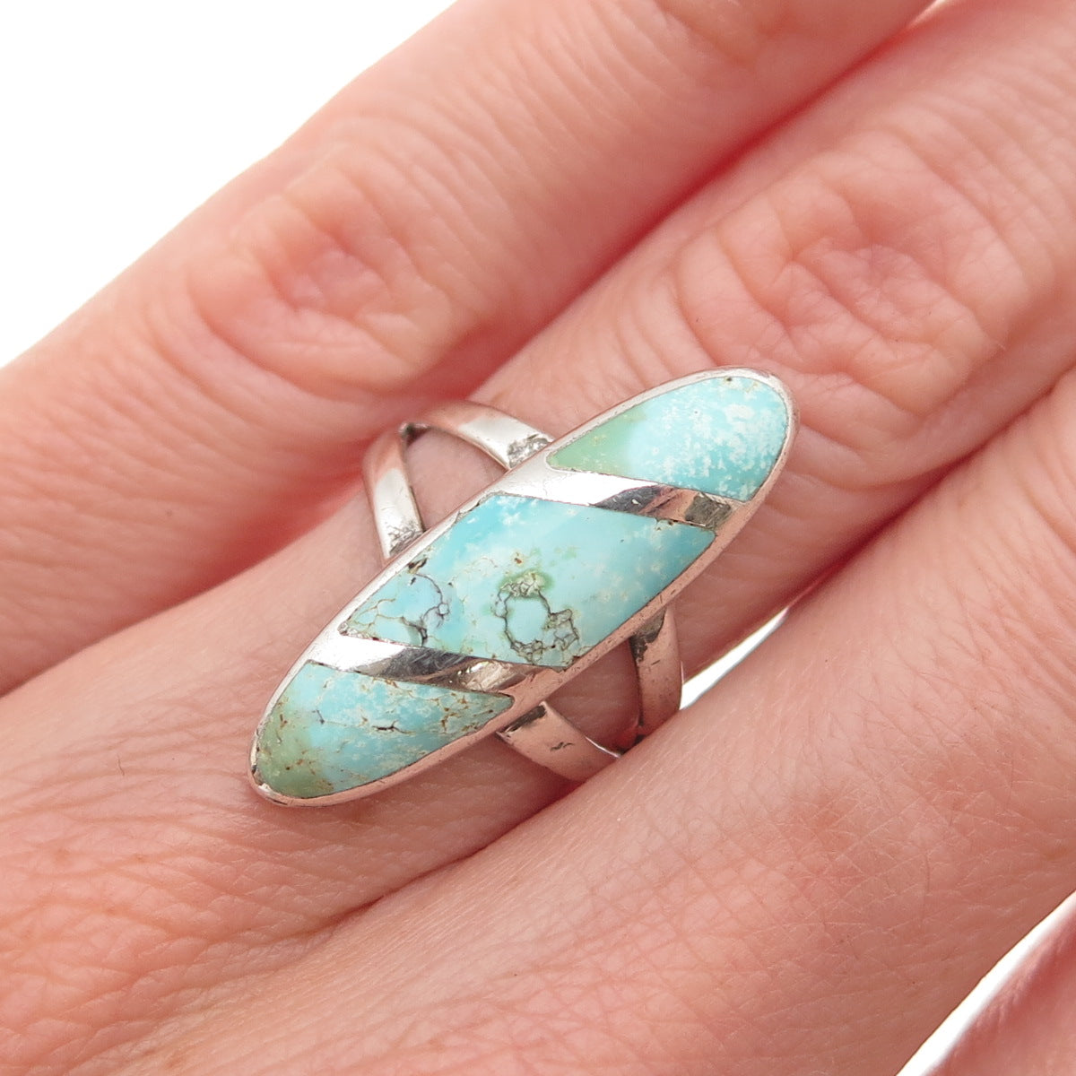 Old Pawn 925 Sterling Silver Vintage Southwestern Tyrone Turquoise Ring Size 5