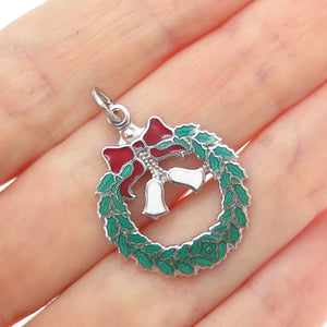 925 Sterling Silver Vintage Enamel Christmas Wreath & Bell Charm Pendant