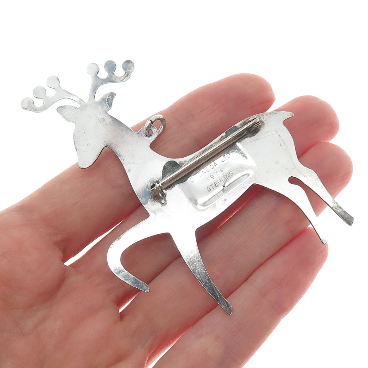 ONEIDA 925 Sterling Silver Vintage 1974 Cupid Deer Pin Brooch / Pendant