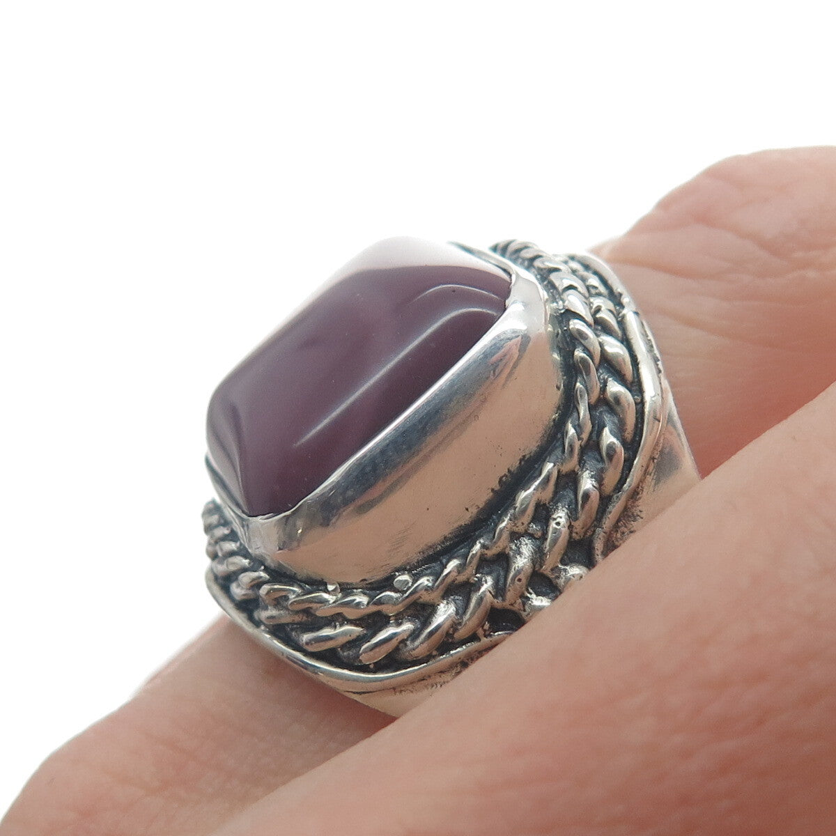 925 Sterling Silver Vintage Real Cushion-Cut Purple Jasper Oxidized Ring Size 11
