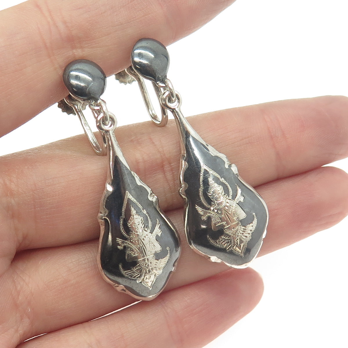 925 Sterling Silver Antique Art Deco Niello Hindu Goddess Screw Back Earrings