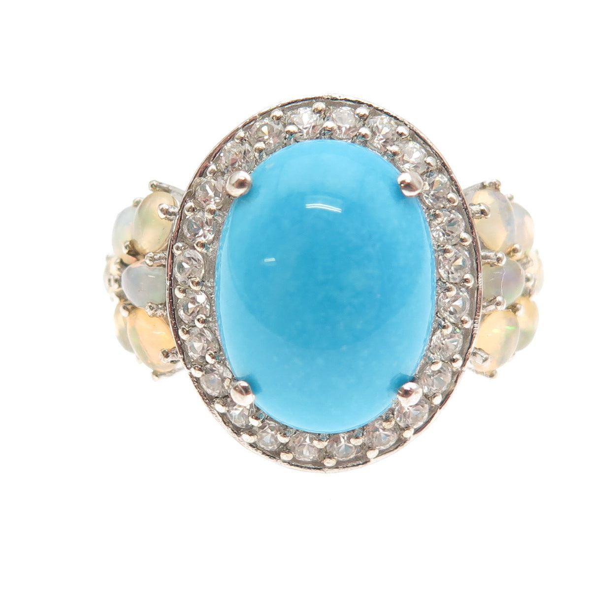 Chuck Clemency 925 Sterling Silver Real Turquoise Opal & White Topaz Ring Size 8