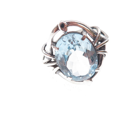 925 Sterling Silver Vintage Real Blue Topaz Modernist Oxidized Ring Size 7.5