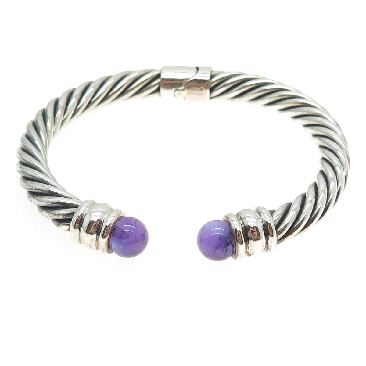 925 Sterling Silver Vintage Real Amethyst Twisted Cable Cuff Bracelet 7.25"