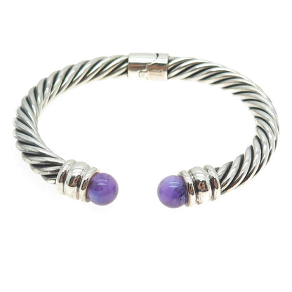 925 Sterling Silver Vintage Real Amethyst Twisted Cable Cuff Bracelet 7.25"