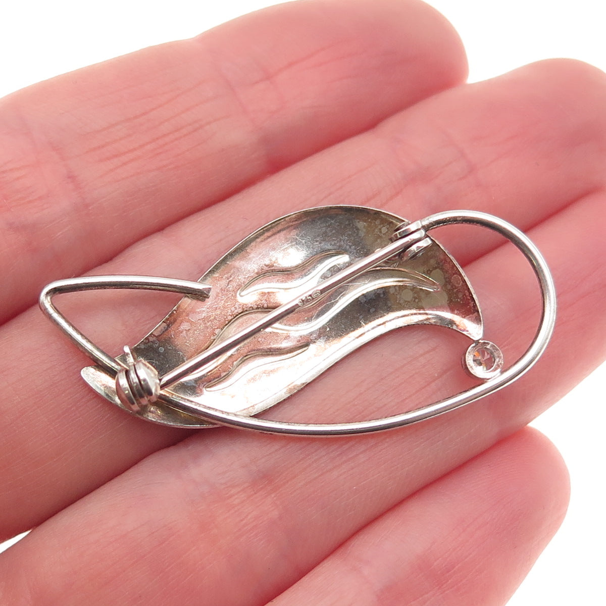 925 Sterling Silver 2-Tone Vintage Round-Cut C Z Modernist Floral Pin Brooch