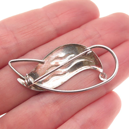 925 Sterling Silver 2-Tone Vintage Round-Cut C Z Modernist Floral Pin Brooch