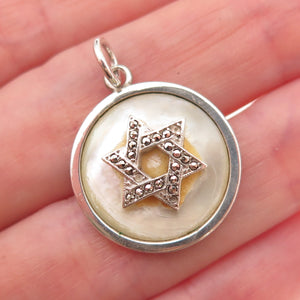 925 Sterling Antique Real MOP Marcasite Star of David Pendant (missing 3 stones)