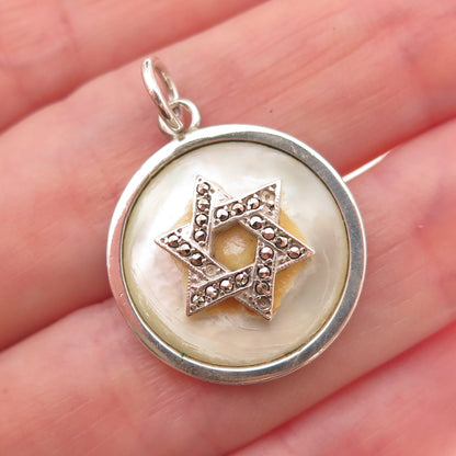 925 Sterling Antique Real MOP Marcasite Star of David Pendant (missing 3 stones)