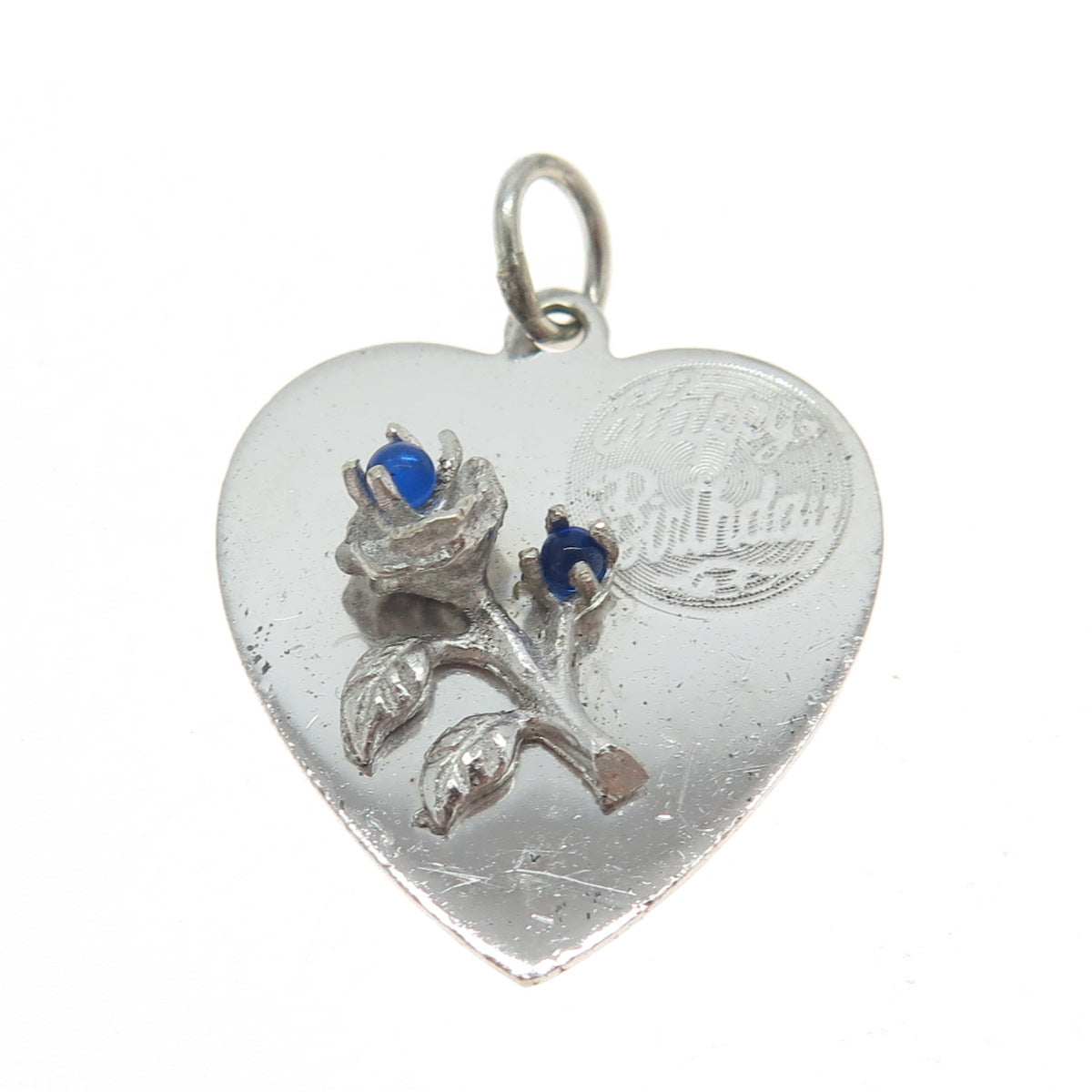 925 Sterling Silver Vintage M&M Blue Glass "Happy Birthday" Rose Heart Pendant