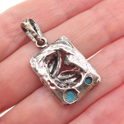925 Sterling Silver Vintage Real Turquoise Floral Oxidized Charm Pendant