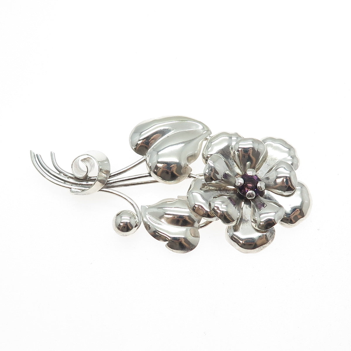 925 Sterling Silver Antique Art Deco Purple Rhinestone Flower Oxidized Brooch
