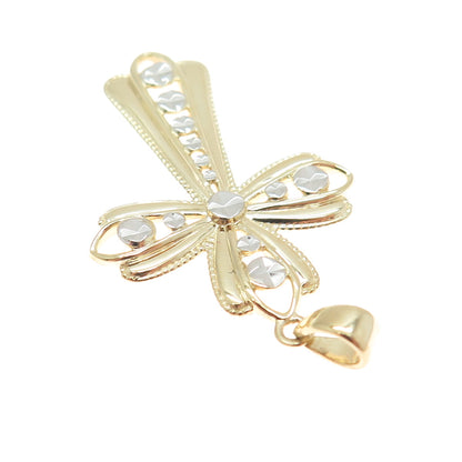 14K Yellow & White Gold Diamond-Cut Floral Cross Religious Charm Pendant