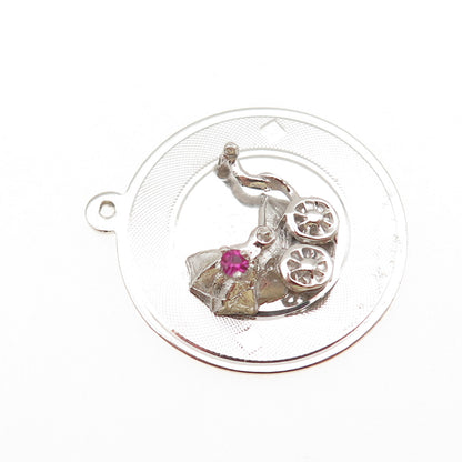 925 Sterling Silver Vintage Pink Rhinestone Baby Stroller Charm Pendant