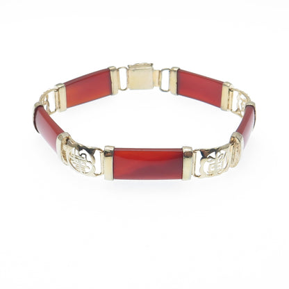 925 Sterling Gold Plated Vintage Real Carnelian Chinese Character Bracelet 7"