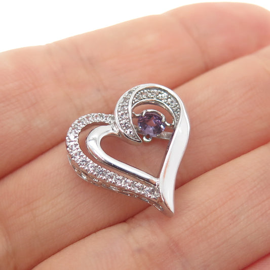 925 Sterling Silver Real Amethyst & White Topaz Heart Mini Slide Charm Pendant