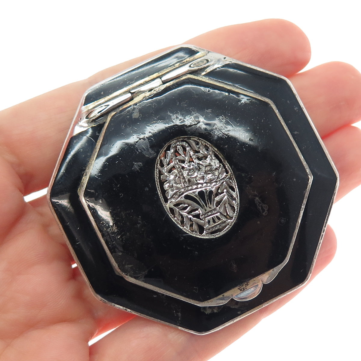925 Sterling Silver Antique Austria Enamel Flower Bouquet Compact Case