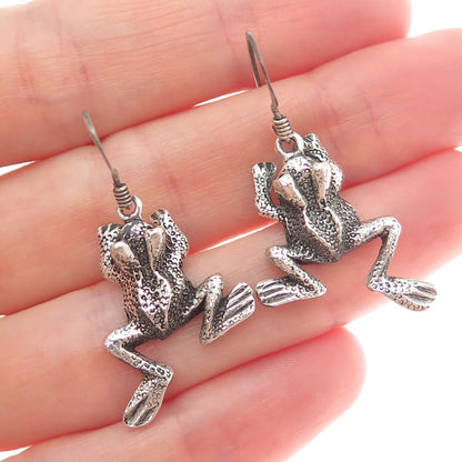 925 Sterling Silver Vintage Frog For Good Luck Oxidized Dangle Earrings