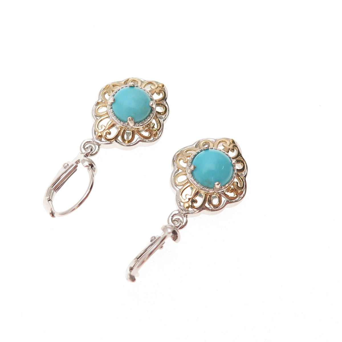 D'Joy 925 Sterling Silver 2-Tone Real Tyrone Turquoise Floral Dangle Earrings