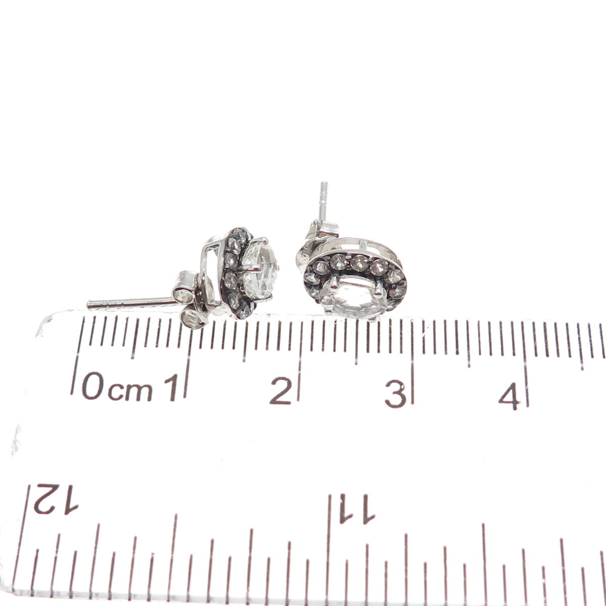 925 Sterling Silver Real Oval-Cut White Topaz & Round-Cut C Z Stud Earrings