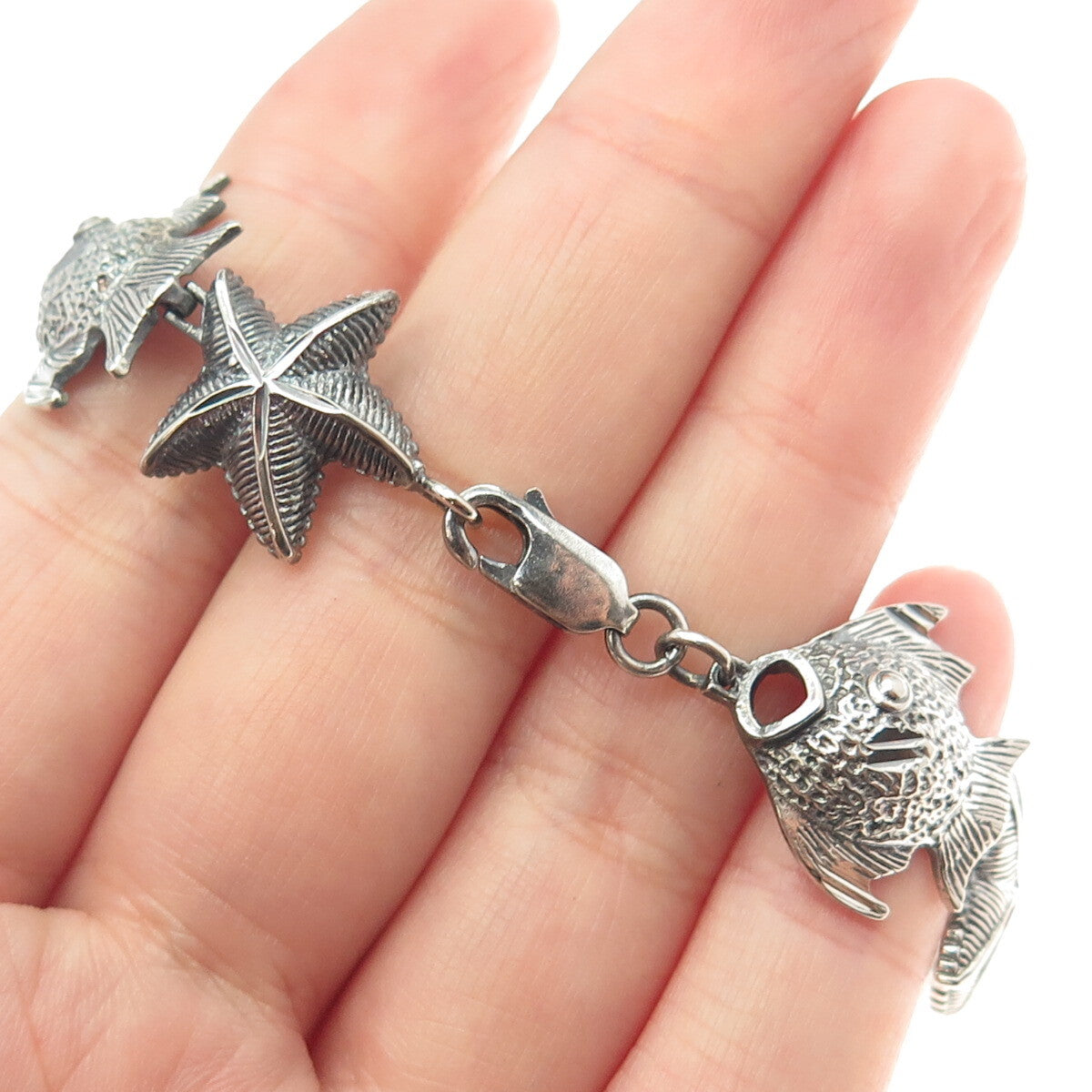 925 Sterling Silver Vintage Fish & Starfish Link Bracelet 7.75"